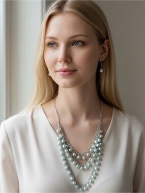 Elegant Multi-Strand Mint Pearl Necklace and Earrings Set